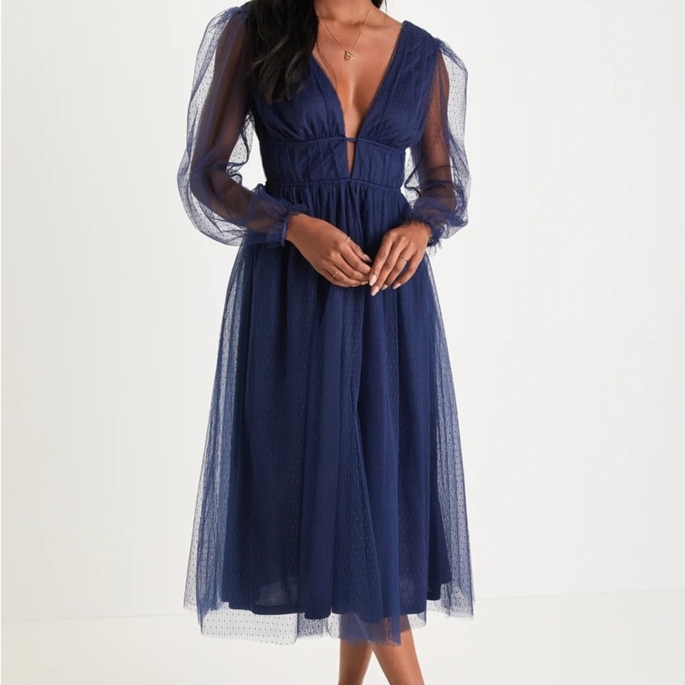 Lulu's Navy V-Neck Tulle Midi Dress with Sheer Long Sleeves